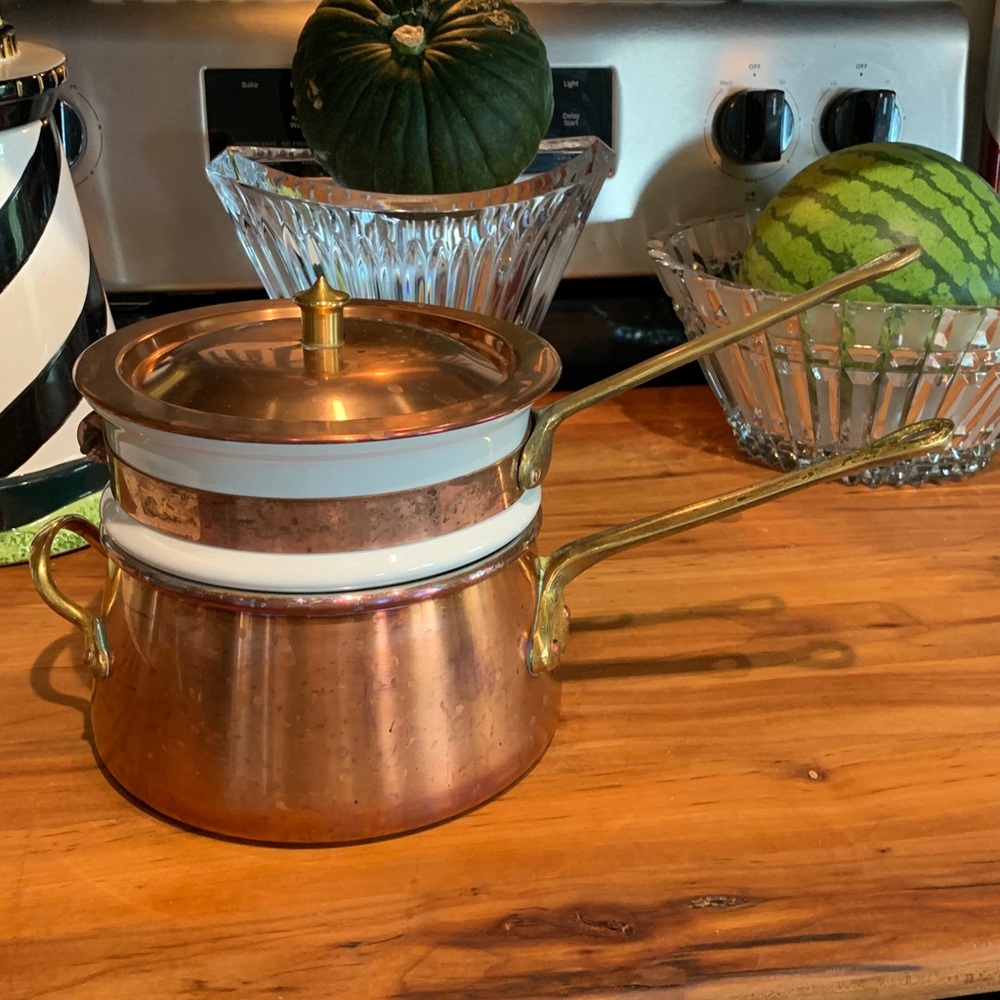 Vintage Copper "Bain Marie" Double Boiler Pot w Porcelain Insert Brass c.1960’s